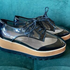 Aldo Black Patent Leather Tan Sassafras Lucite Clear  Platform Oxford Shoes 8